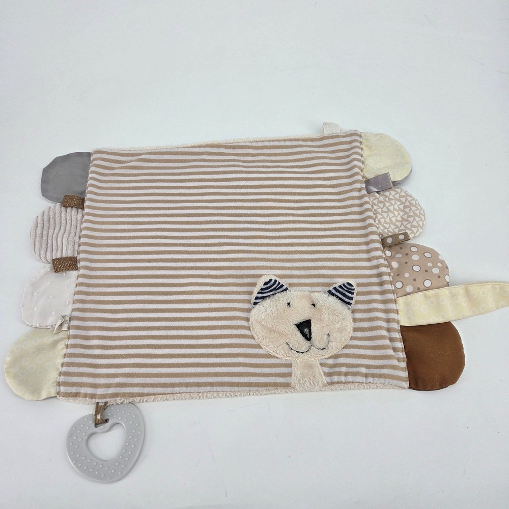Demdaco Baby Sensory Activity Lovey Blanket Tan Striped Cat Heart Teether Plush